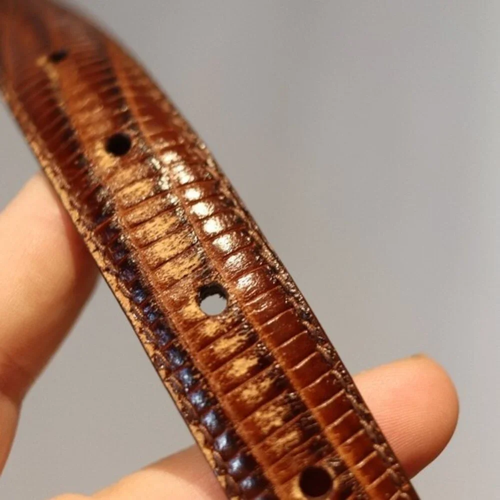 Arden Leather Lizard Embossed Calfskin Belt Brown, Silver hardware size Large